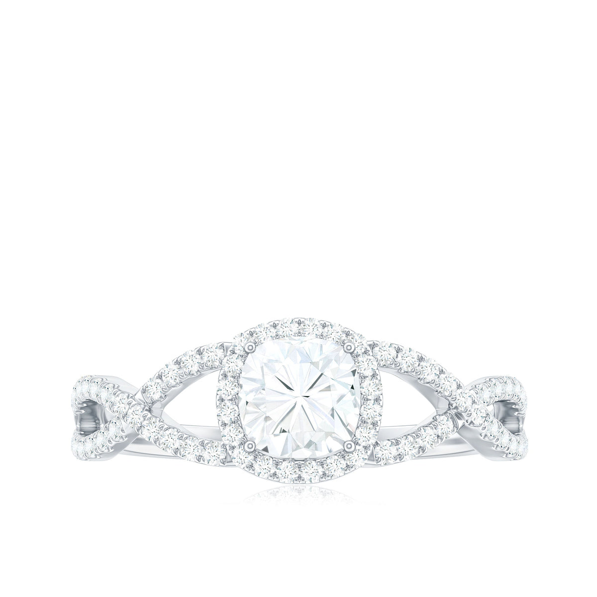 6mm Cushion Cut Moissanite Halo Engagement Ring with Crossover Shank