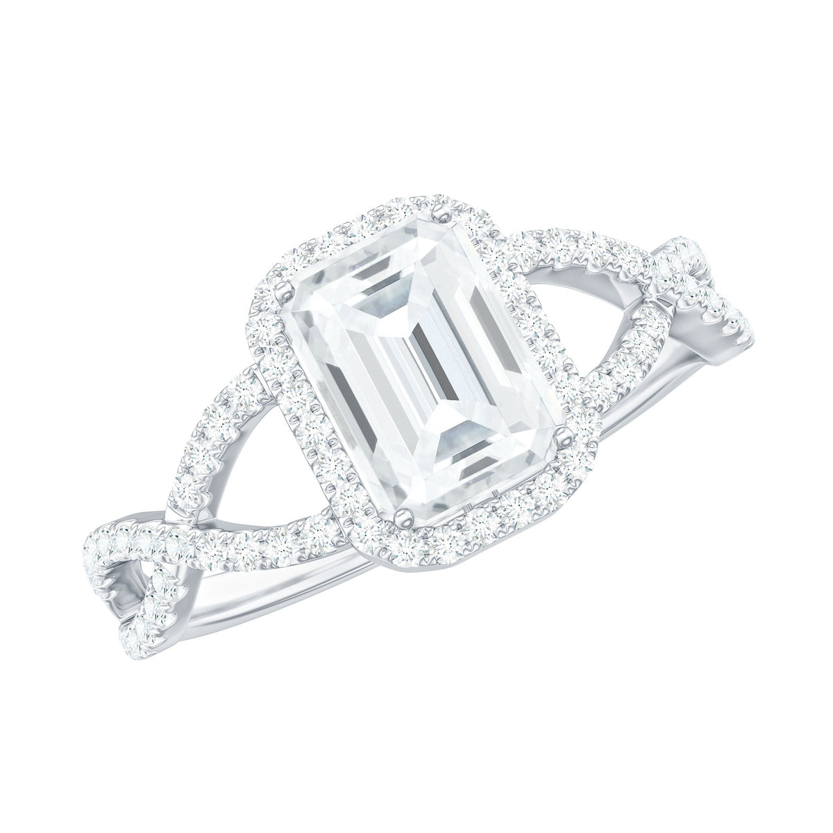 Certified Emerald Cut Moissanite Statement Ring with Crossover Shank