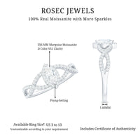 Womens Moissanite Marquise Cut Engagement Ring with Crossover Shank