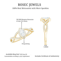 Womens Moissanite Marquise Cut Engagement Ring with Crossover Shank