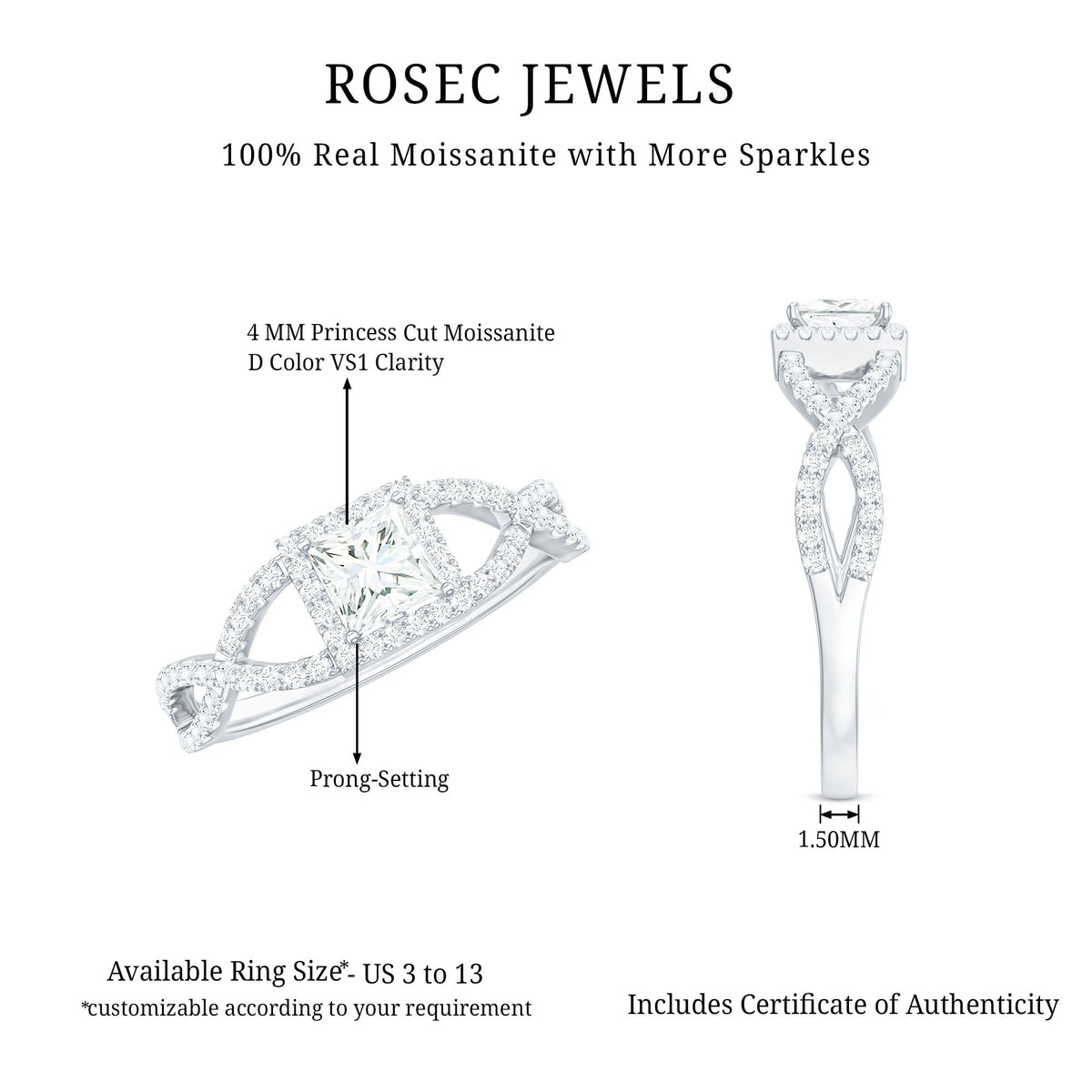 Moissanite 4mm Square Cut Engagement Ring with Crossover Shank