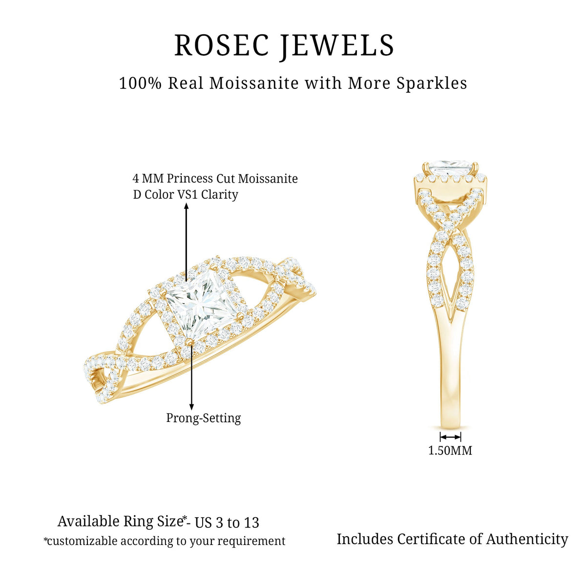 Moissanite 4mm Square Cut Engagement Ring with Crossover Shank