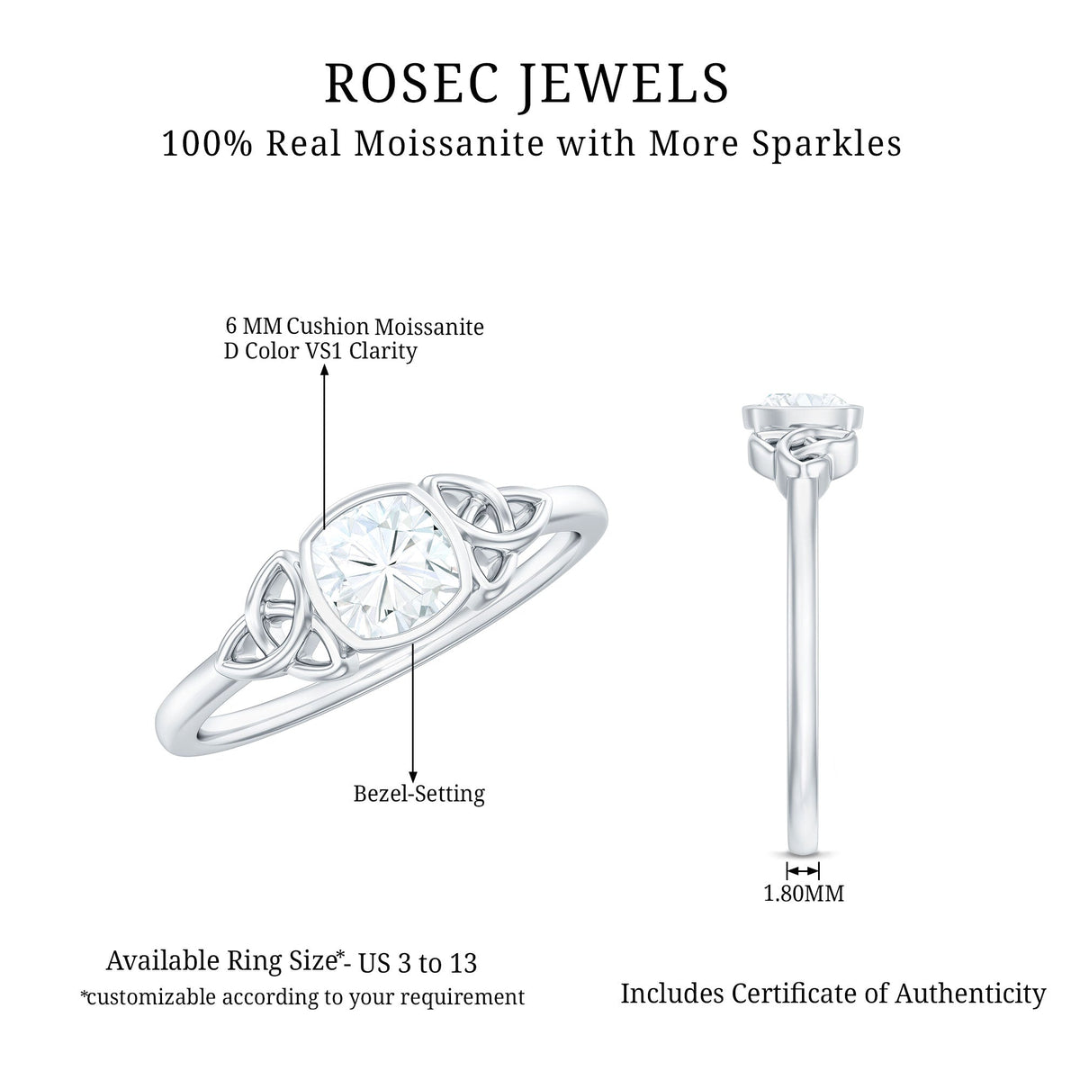 Brilliant Cut Moissanite Celtic Knot Engagement Ring in Bezel Setting