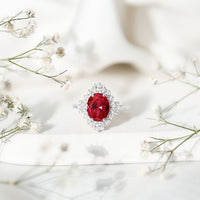 Vintage Inspired Lab Grown Ruby and Diamond Engagement Ring