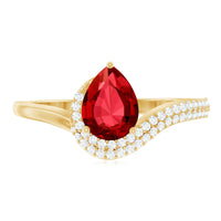 Pear Shaped Lab Created Ruby and Diamond Designer Engagement Ring