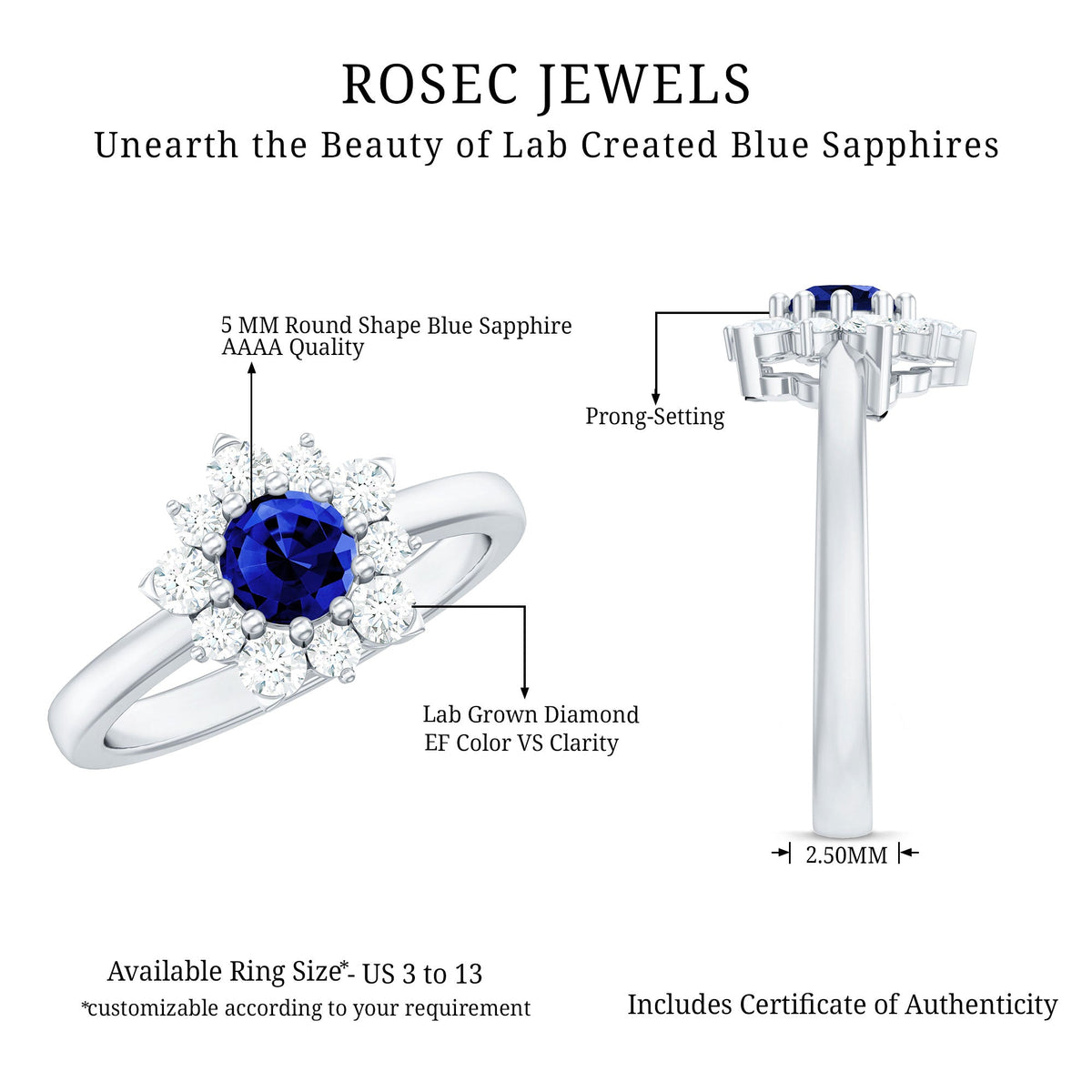 Natural Inspired 0.6 Carat Lab Grown Blue Sapphire Engagement Ring with Diamond Halo