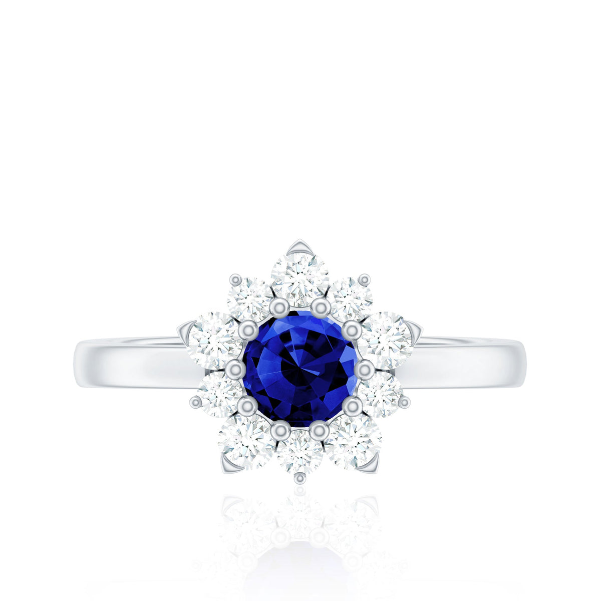 Natural Inspired 0.6 Carat Lab Grown Blue Sapphire Engagement Ring with Diamond Halo