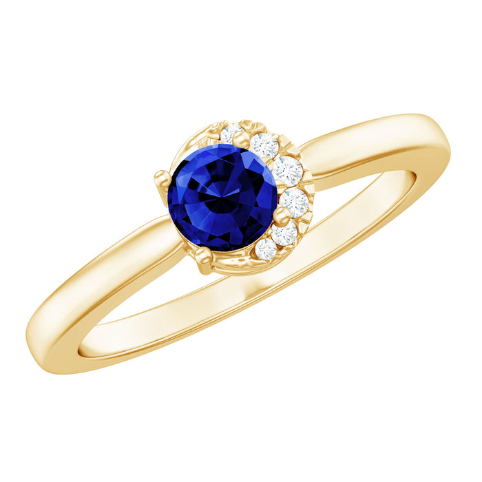 Lab grown blue sapphire and diamond promise ring for women by Rosec Jewels, featuring a detailed close-up of the ring design.