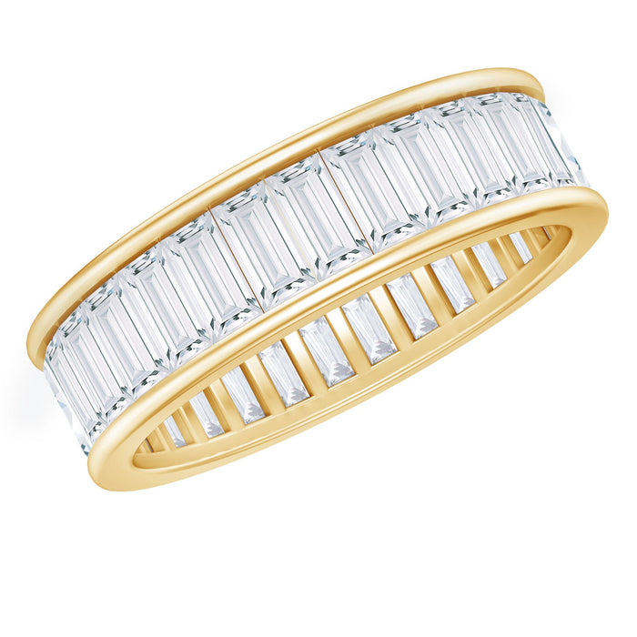 Rosec Jewels Baguette Cut Moissanite wedding band with channel setting, showcasing sparkling rectangular stones on a sleek silver ring