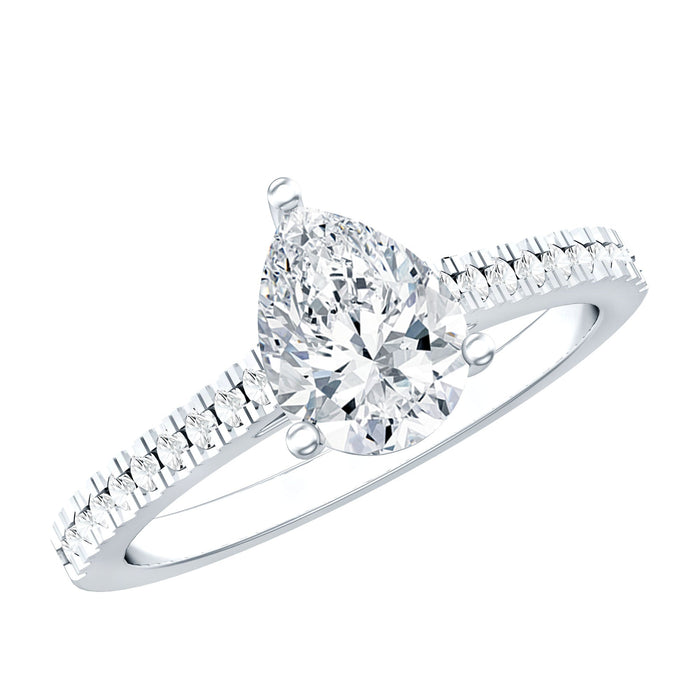Certified Moissanite pear-shaped engagement ring with side stones from Rosec Jewels, featuring a sparkling center and elegant design.