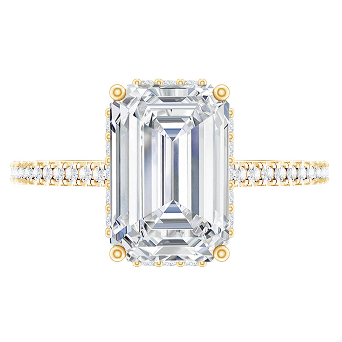 Certified 6x8 mm moissanite emerald cut engagement ring from Rosec Jewels, showcasing the sparkling center stone and elegant band.