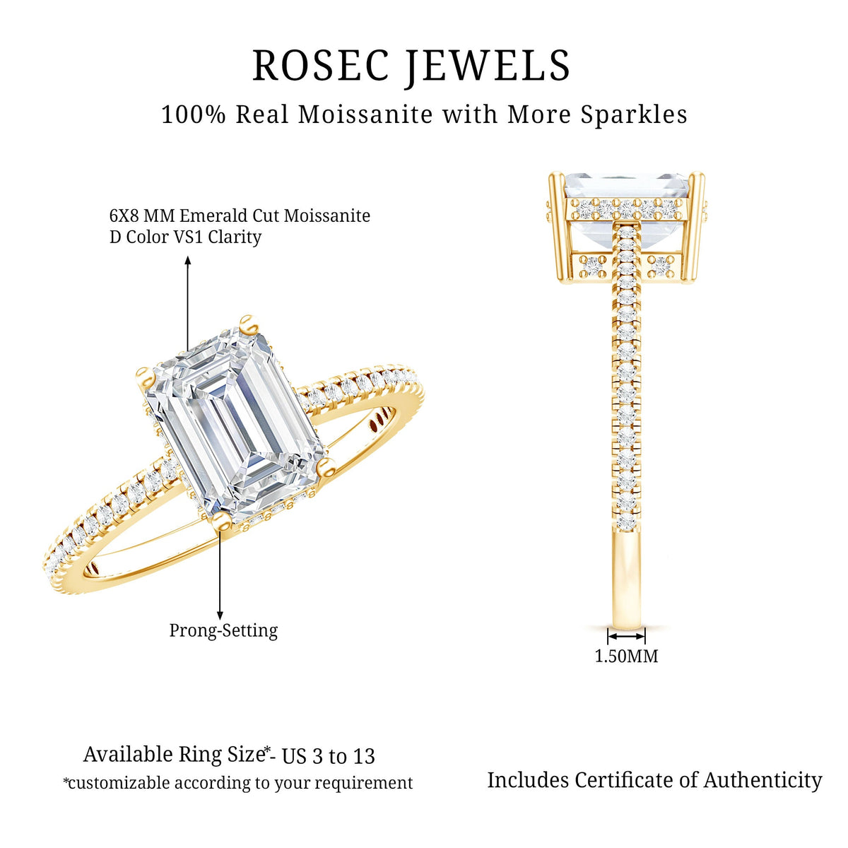 Certified 6X8 MM Moissanite Emerald Cut Engagement Ring