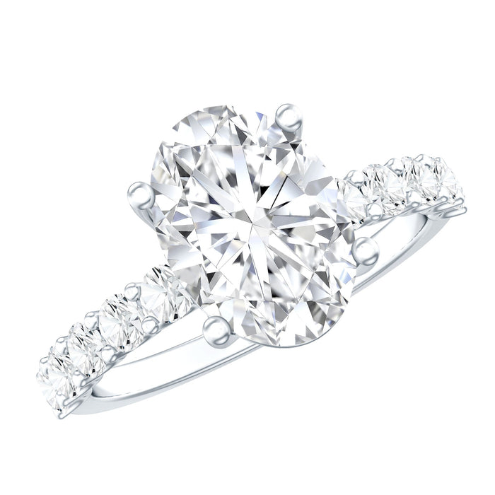 Certified 2 Carat Moissanite oval engagement ring with side stones from Rosec Jewels, showcasing sparkling center stone and elegant design.