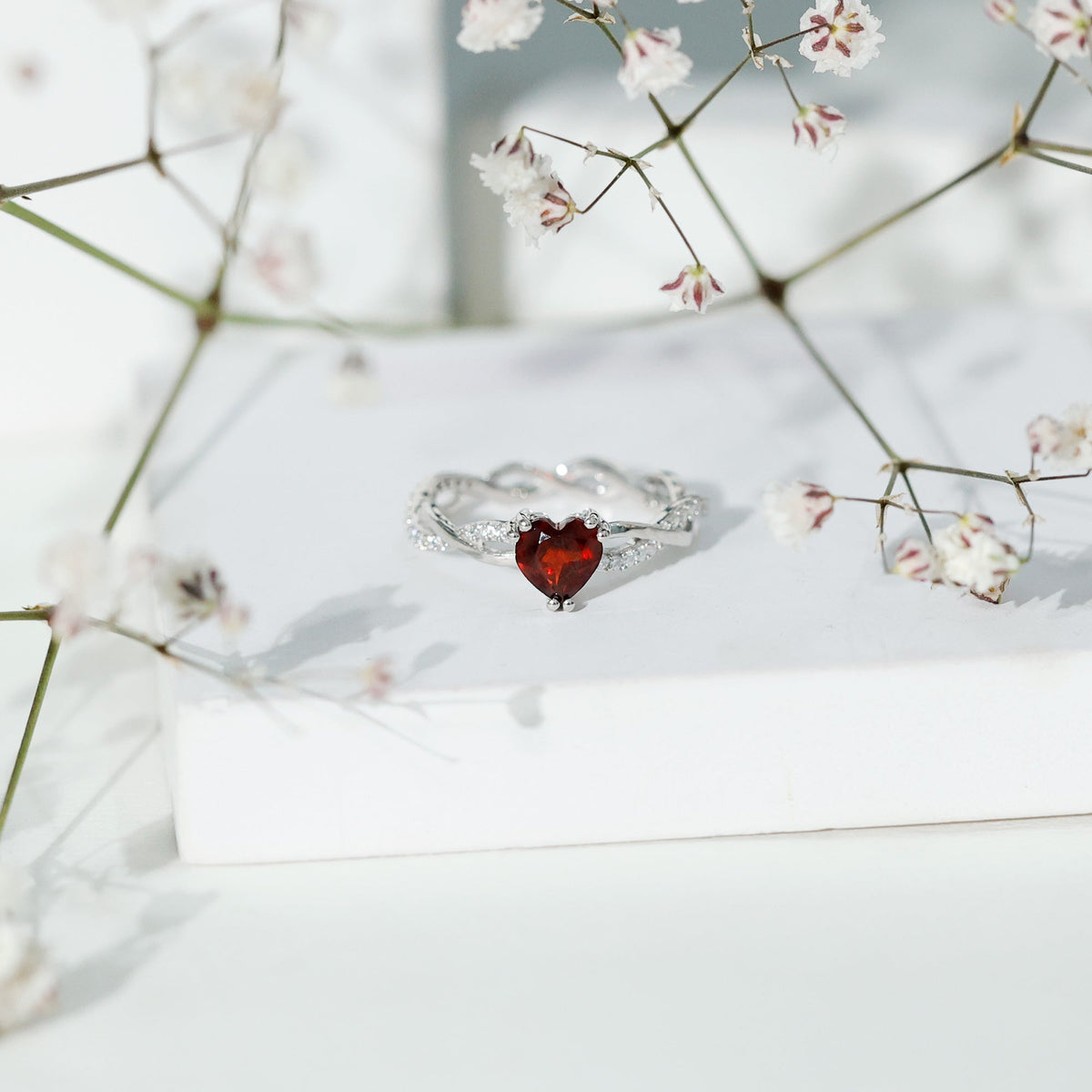 Real 1 Carat Garnet Heart Engagement Ring with Moissanite Braided Shank
