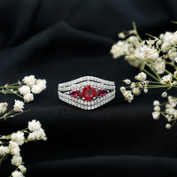 Designer Lab Created Ruby 3 Stone Engagement Ring With Moissanite