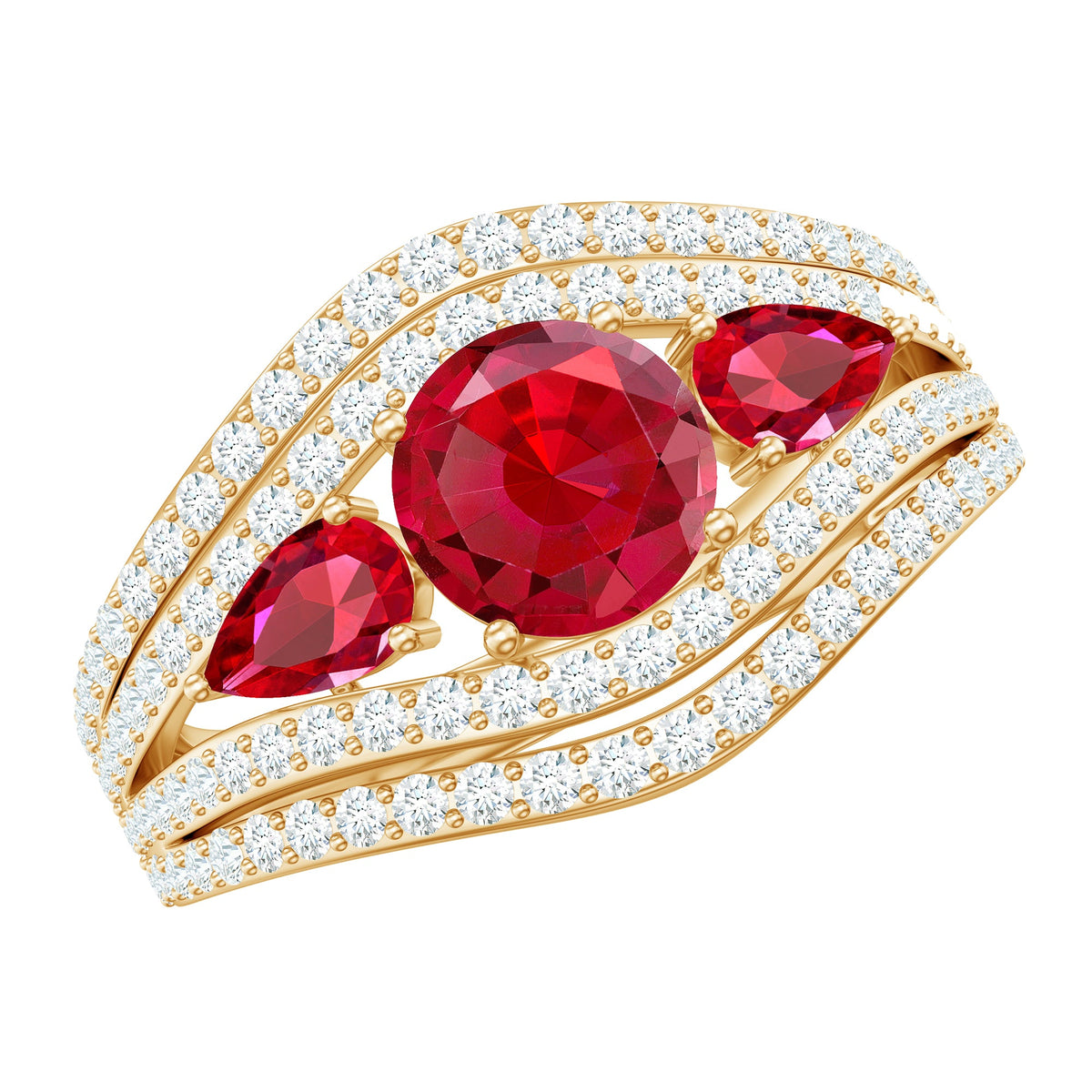 Designer Lab Created Ruby 3 Stone Engagement Ring With Moissanite