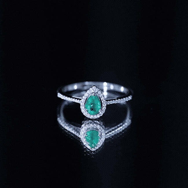 Certified emerald teardrop engagement ring with diamond halo, featuring yellow gold band and intricate detailing by Rosec Jewels