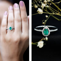 Certified Emerald Teardrop Engagement Ring with Diamond Halo