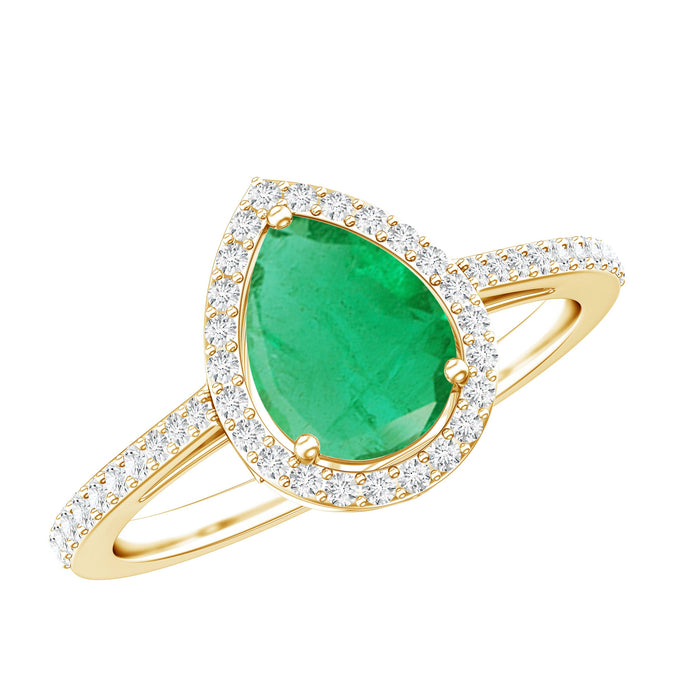 Certified emerald teardrop engagement ring with diamond halo from Rosec Jewels, featuring a sparkling gemstone and elegant design.