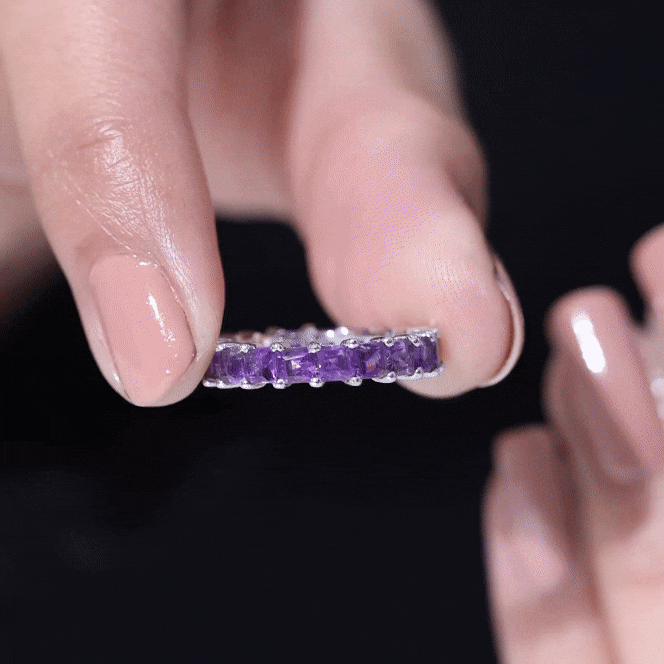 Yellow gold princess cut amethyst full eternity band ring by Rosec Jewels featuring alternating gemstones and a sleek, continuous design.