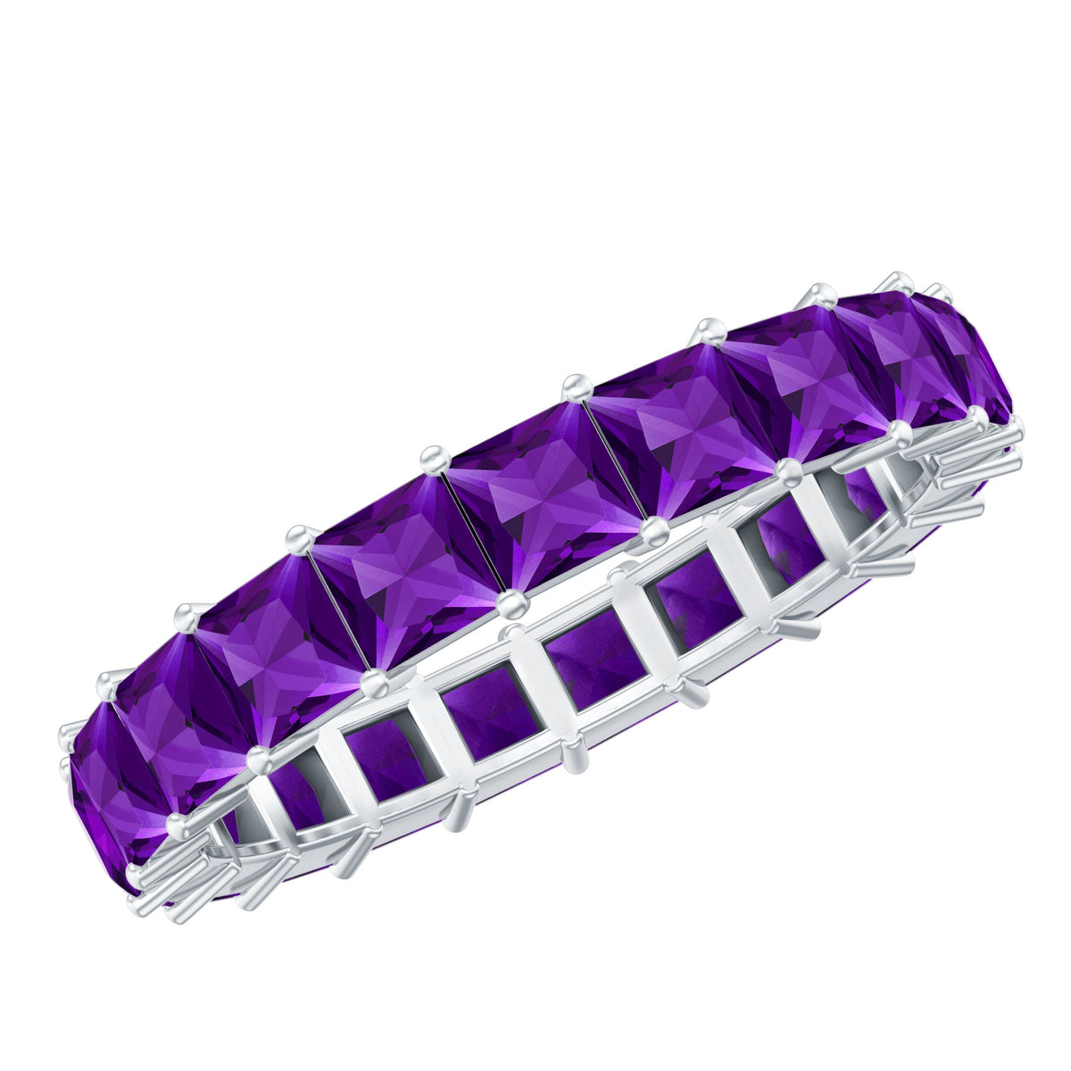 Rosec Jewels real princess cut amethyst full eternity band ring with sparkling purple gemstones on a sleek silver band.