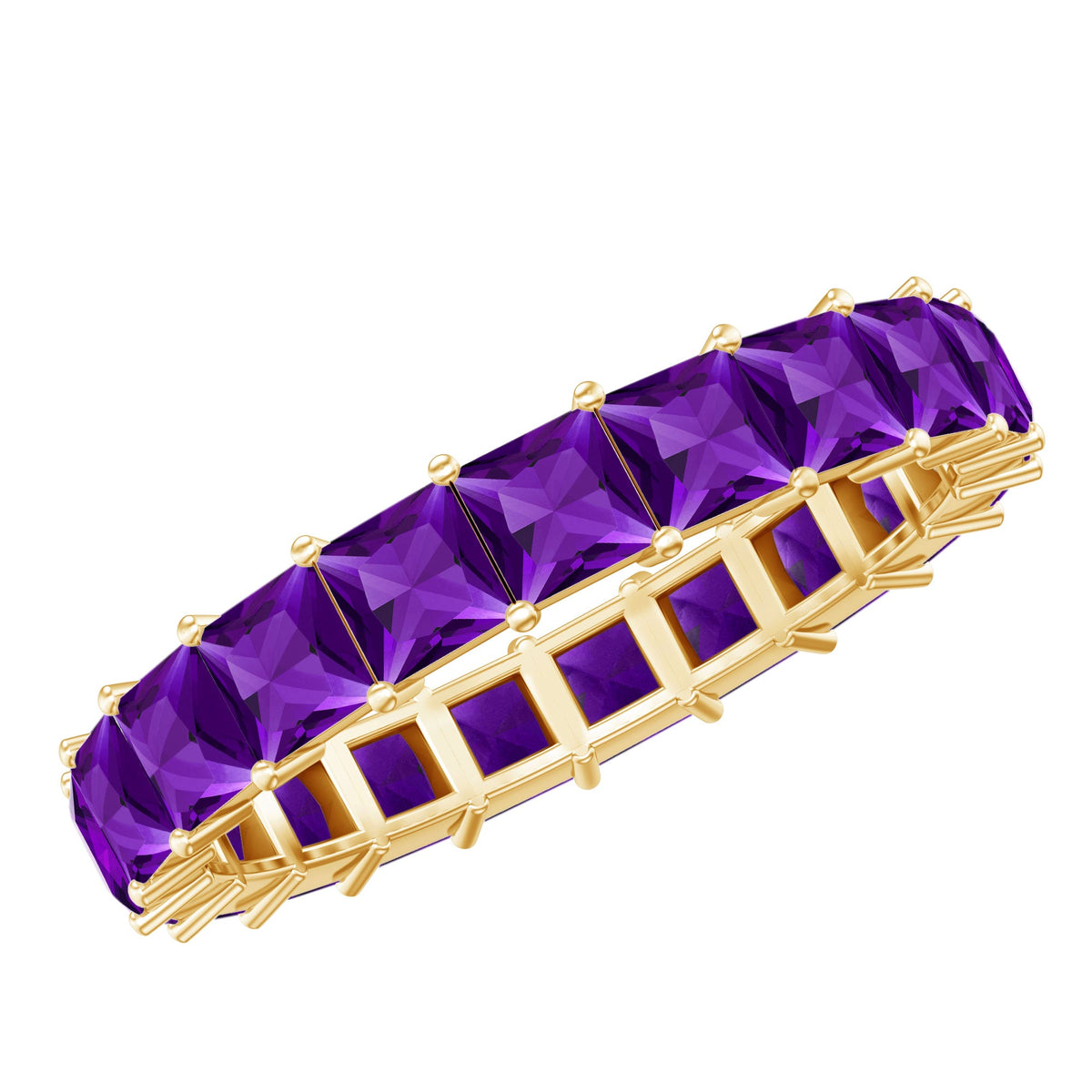 Rosec Jewels princess cut amethyst full eternity band ring with sparkling purple gemstones on a silver band.