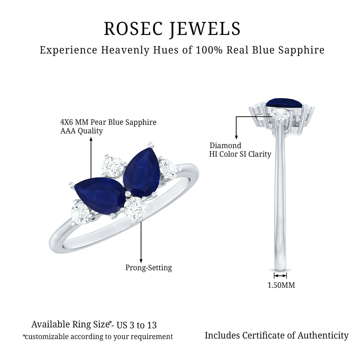 Genuine Blue Sapphire and Diamond Cluster Engagement Ring with Certificate