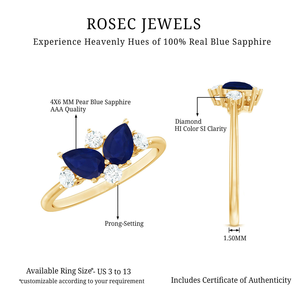 Genuine Blue Sapphire and Diamond Cluster Engagement Ring with Certificate