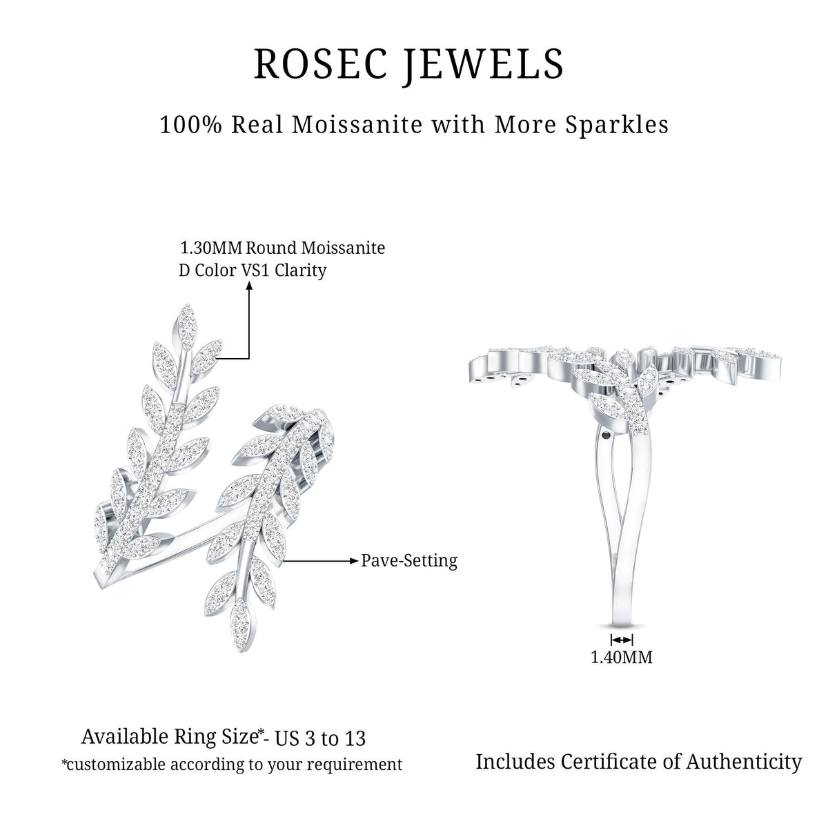 Certified Moissanite Leaf Wrap Ring for Women by Rosec Jewels featuring a delicate leaf design and sparkling moissanite stones.