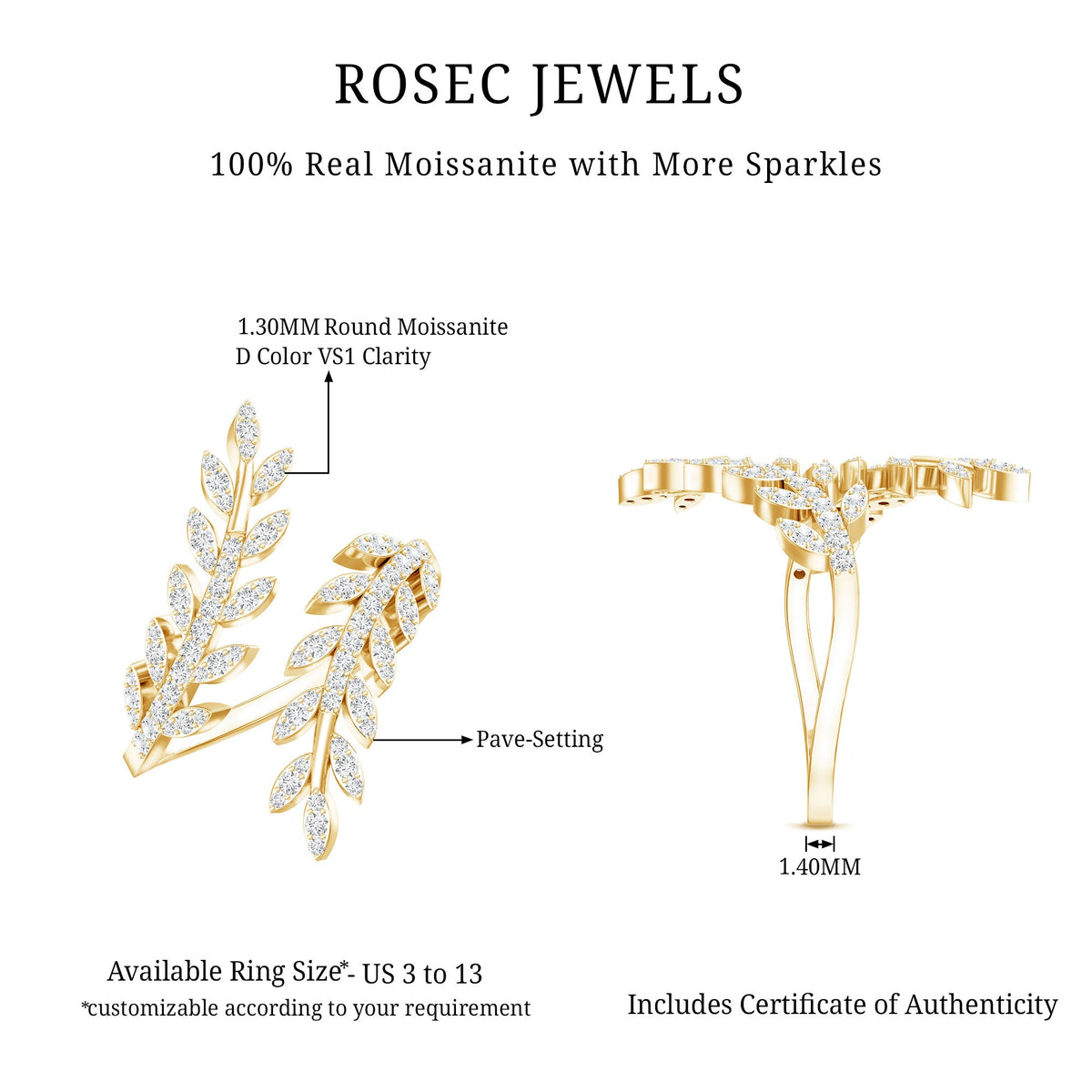 Certified Moissanite Leaf Wrap Ring for women from Rosec Jewels, featuring a delicate leaf design with sparkling moissanite stones.