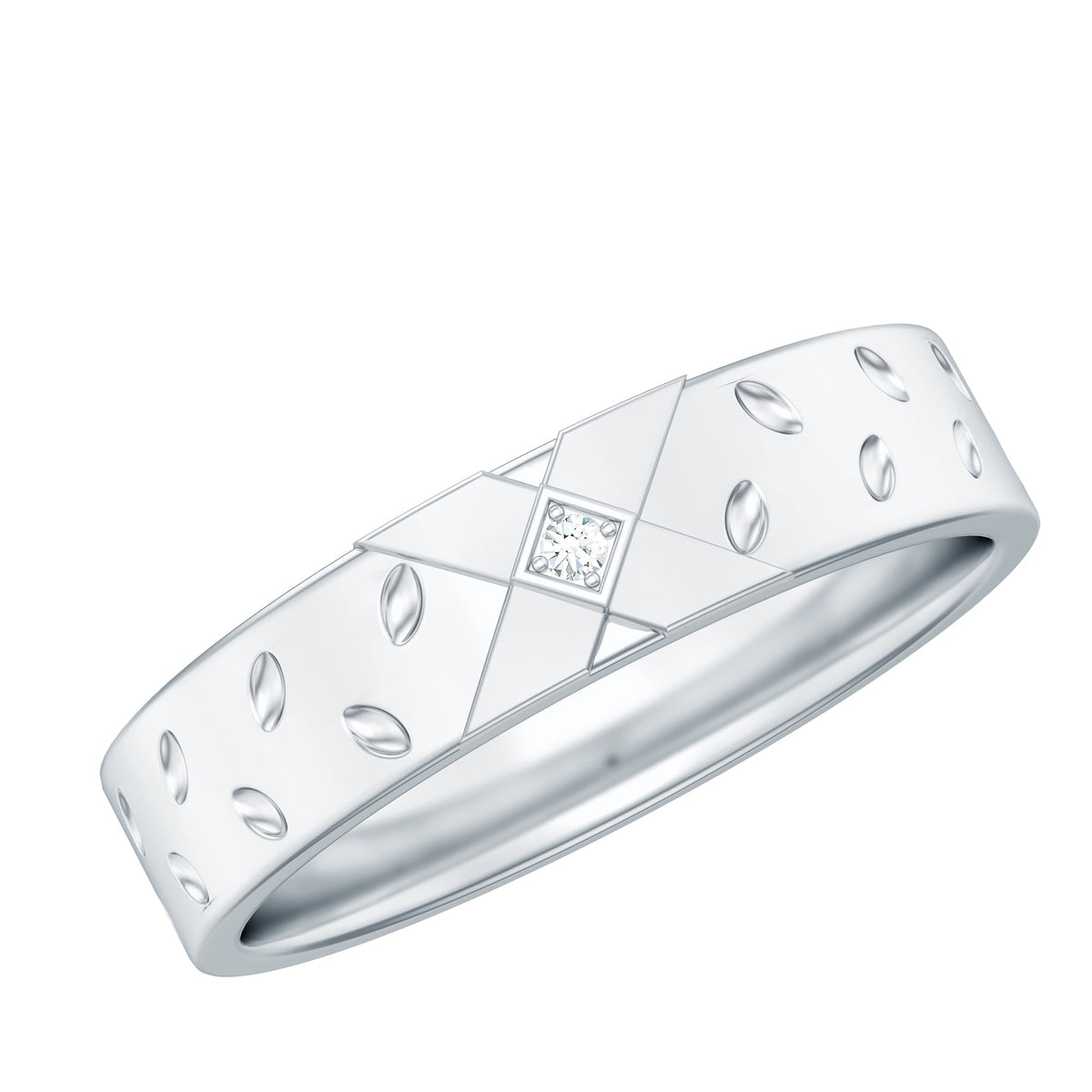 Two-tone cross wedding band with moissanite gemstones, made by Rosec Jewels, showcasing a polished and detailed ring design.