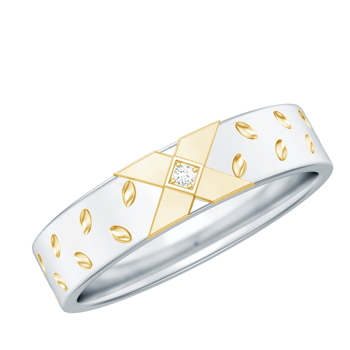 Two-tone cross wedding band with moissanite gemstones from Rosec Jewels, showcasing a mixed metal design and sparkling stones.