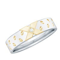 Two-tone cross wedding band with moissanite gemstones from Rosec Jewels, showcasing a mixed metal design and sparkling stones.