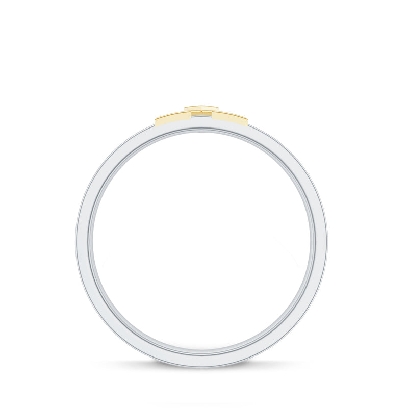 Two-tone cross wedding band with moissanite stones from Rosec Jewels, showcasing detailed craftsmanship and sparkling accents.