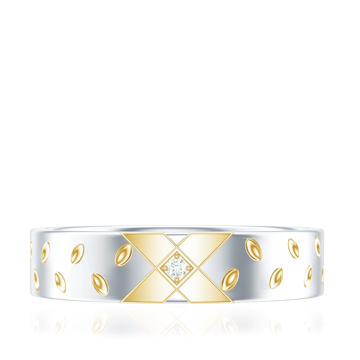 Two-tone cross wedding band with moissanite gemstones from Rosec Jewels, showcasing elegant design and sparkling stones.