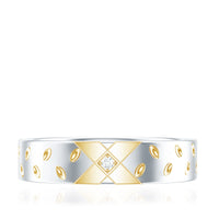 Two-tone cross wedding band with moissanite gemstones from Rosec Jewels, showcasing elegant design and sparkling stones.