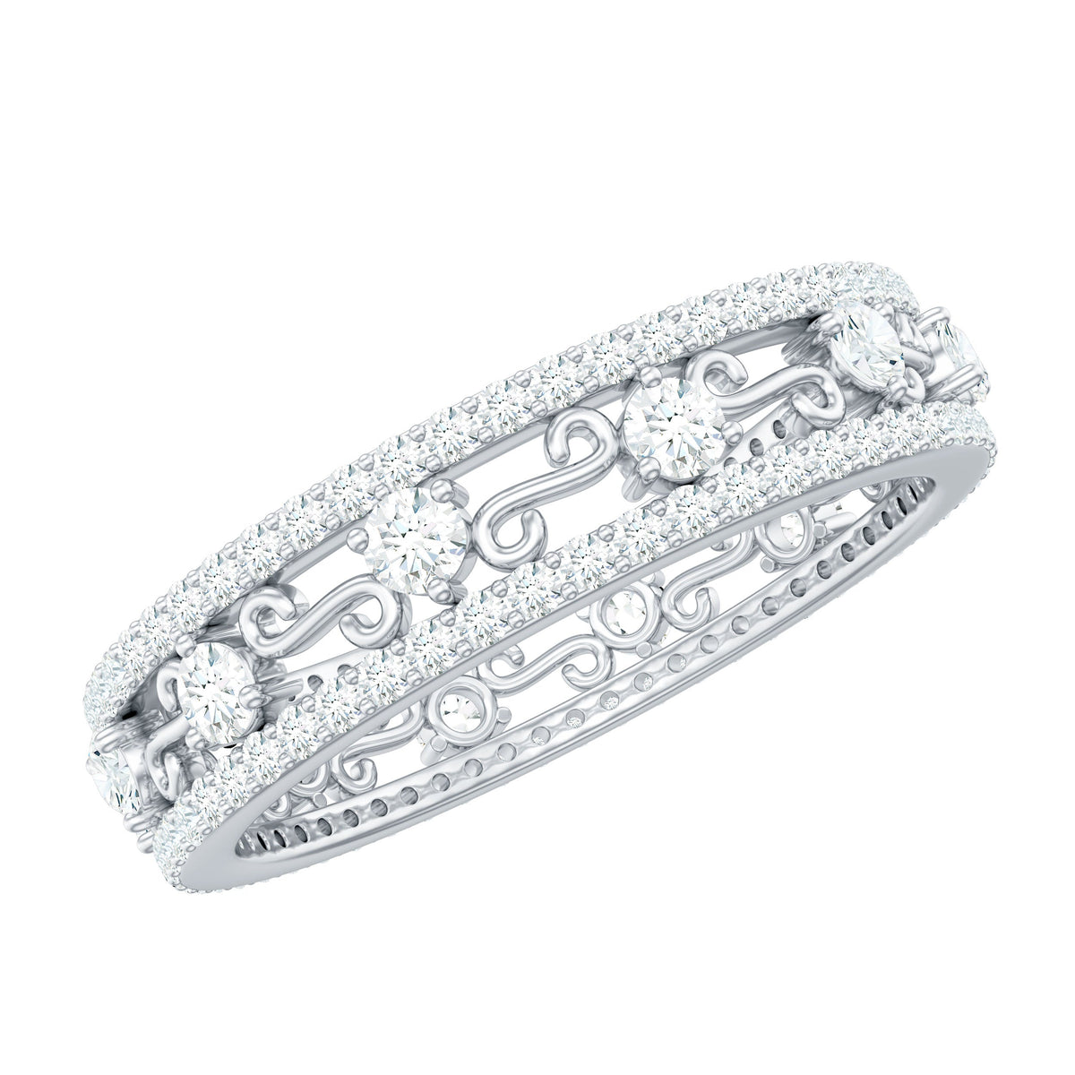Certified Moissanite wedding band by Rosec Jewels, elegant ring with sparkling moissanite gemstones on a polished band.
