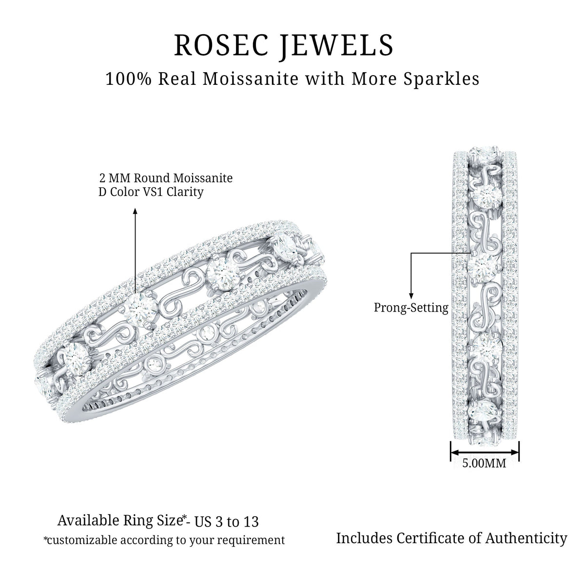 Certified Moissanite wedding band by Rosec Jewels featuring a sleek silver-tone ring with sparkling moissanite stones.