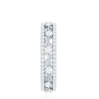 Certified Moissanite wedding band by Rosec Jewels featuring a sleek, polished silver ring with sparkling moissanite stones.