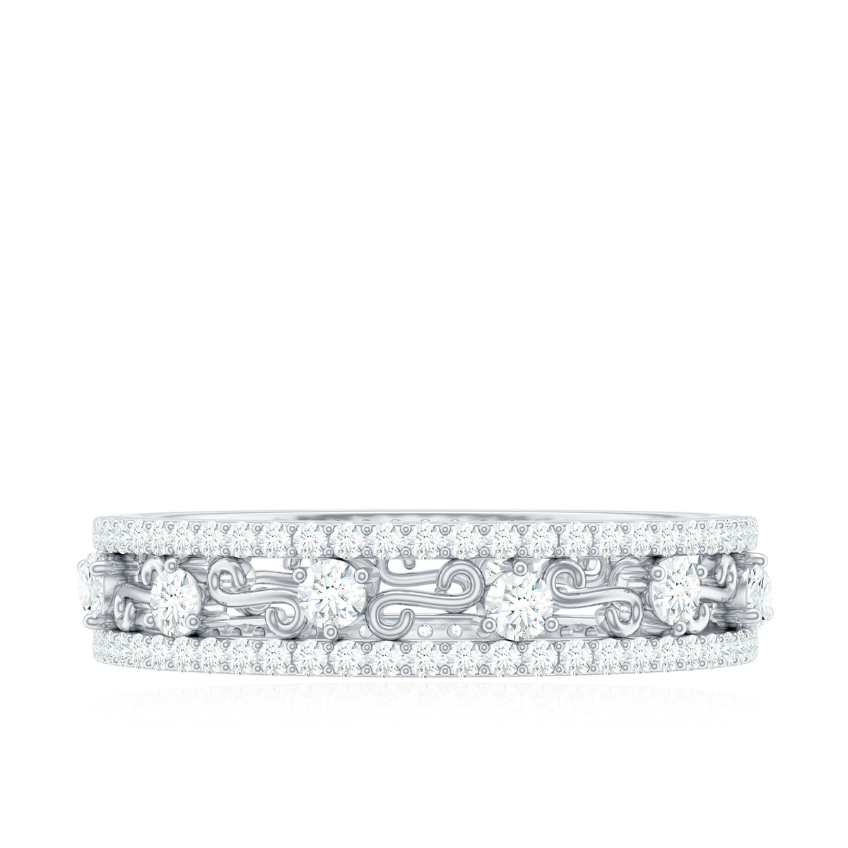 Certified Moissanite wedding band by Rosec Jewels featuring a sleek, polished design with sparkling moissanite stones.