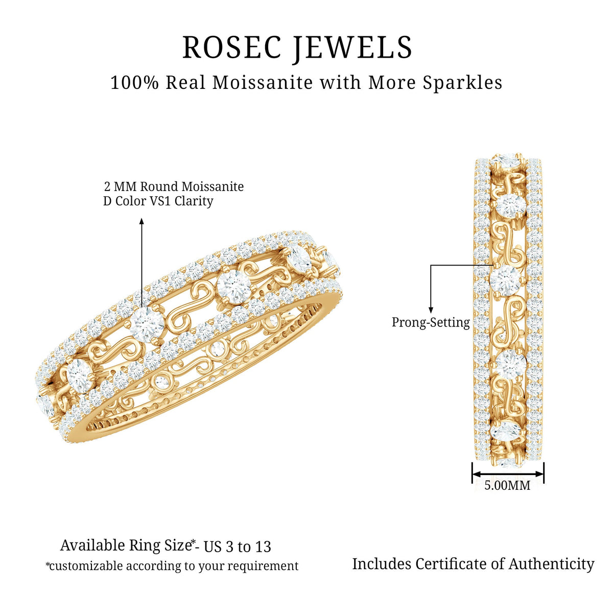 Certified Moissanite wedding band from Rosec Jewels featuring a sleek, polished silver ring with sparkling moissanite stones.
