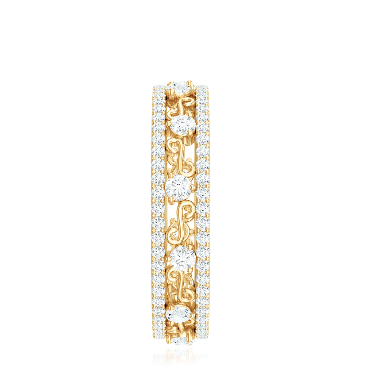 Certified Moissanite wedding band by Rosec Jewels featuring a sleek, elegant design with sparkling moissanite stones.