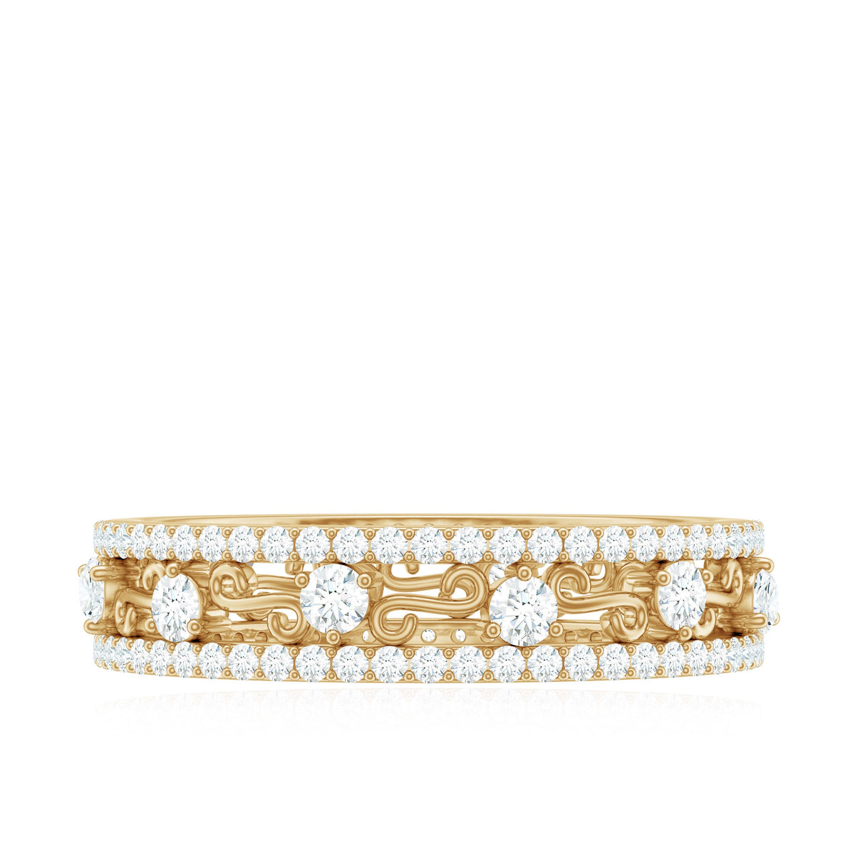 Certified Moissanite wedding band by Rosec Jewels, showcasing a sleek silver ring with sparkling moissanite stones.