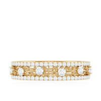 Certified Moissanite wedding band by Rosec Jewels, showcasing a sleek silver ring with sparkling moissanite stones.