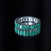 Emerald cut lab grown emerald eternity wedding band by Rosec Jewels featuring continuous green gemstones on a gold ring.