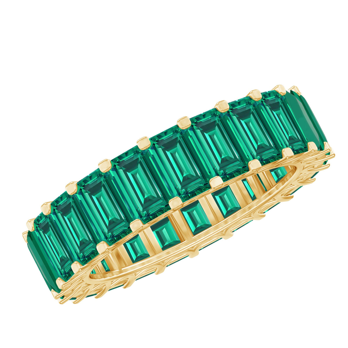 Emerald cut lab-grown emerald eternity wedding band by Rosec Jewels, showcasing a continuous row of sparkling emerald-cut stones.