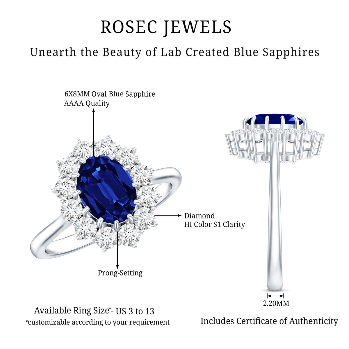 Certified 1.5 carat oval lab-grown blue sapphire engagement ring with diamonds by Rosec Jewels, featuring a elegant princess Diana style design.
