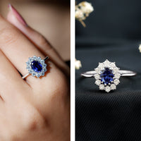 Oval blue sapphire engagement ring with diamonds, 1.5 carats, crafted by Rosec Jewels, showcasing a stunning lab-grown gemstone.