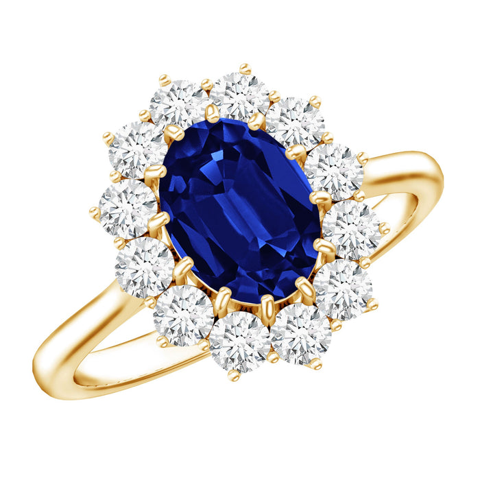Oval lab-grown blue sapphire engagement ring with diamonds, princess Diana style, by Rosec Jewels.