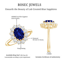 Oval lab-grown blue sapphire engagement ring with diamond accents by Rosec Jewels, showcasing a 1.5 carat center stone and elegant setting.